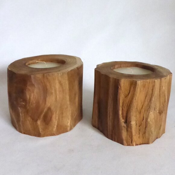 NEW 4.25” x 6" BARKLESS TREE SOLID WOOD LOG RUSTIC CABIN CANDLE HOLDERS - Picture 3 of 8